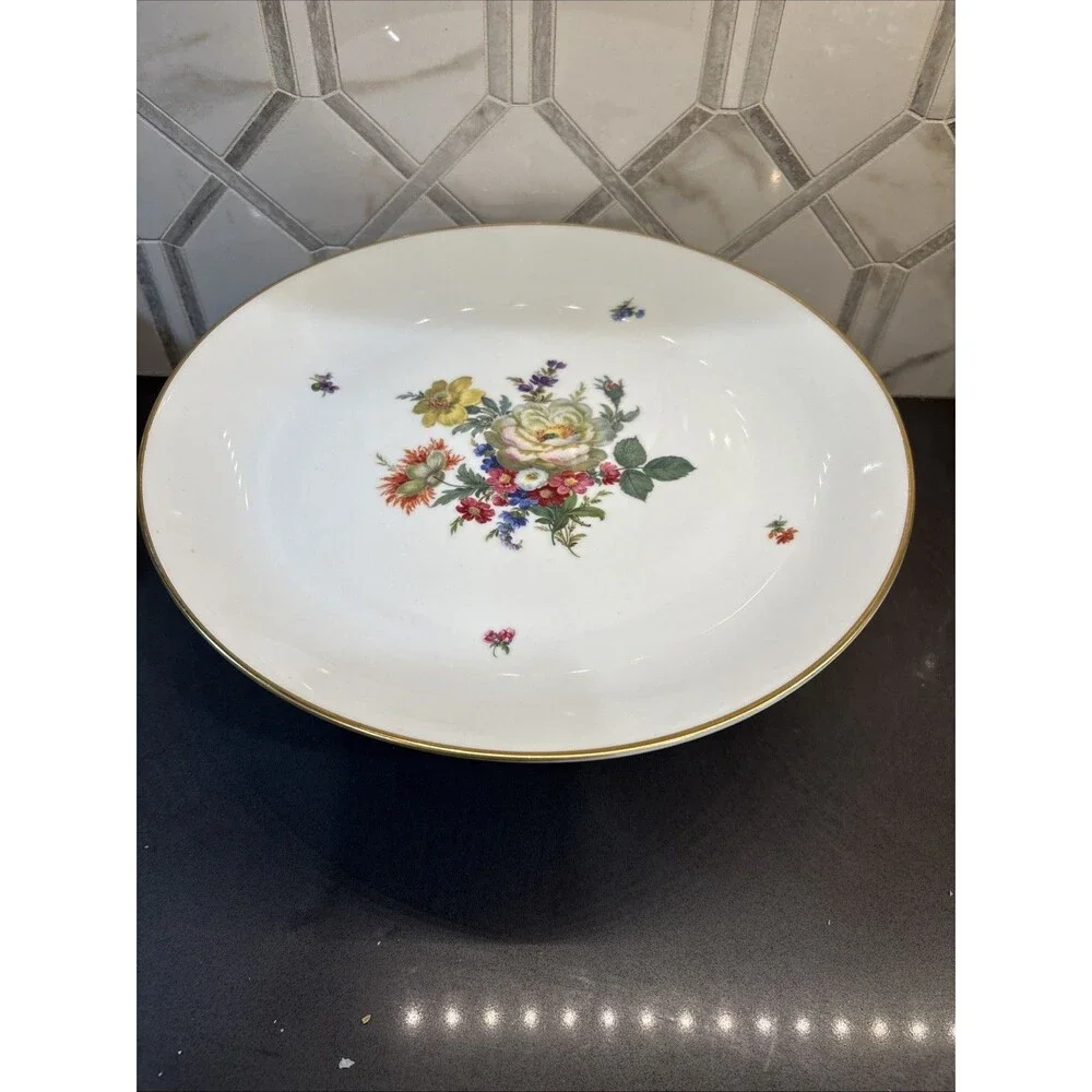 Vintage Bavaria Germany Kuba, Pedestal Cake Plate Floral w/ Gold Rim, 11”